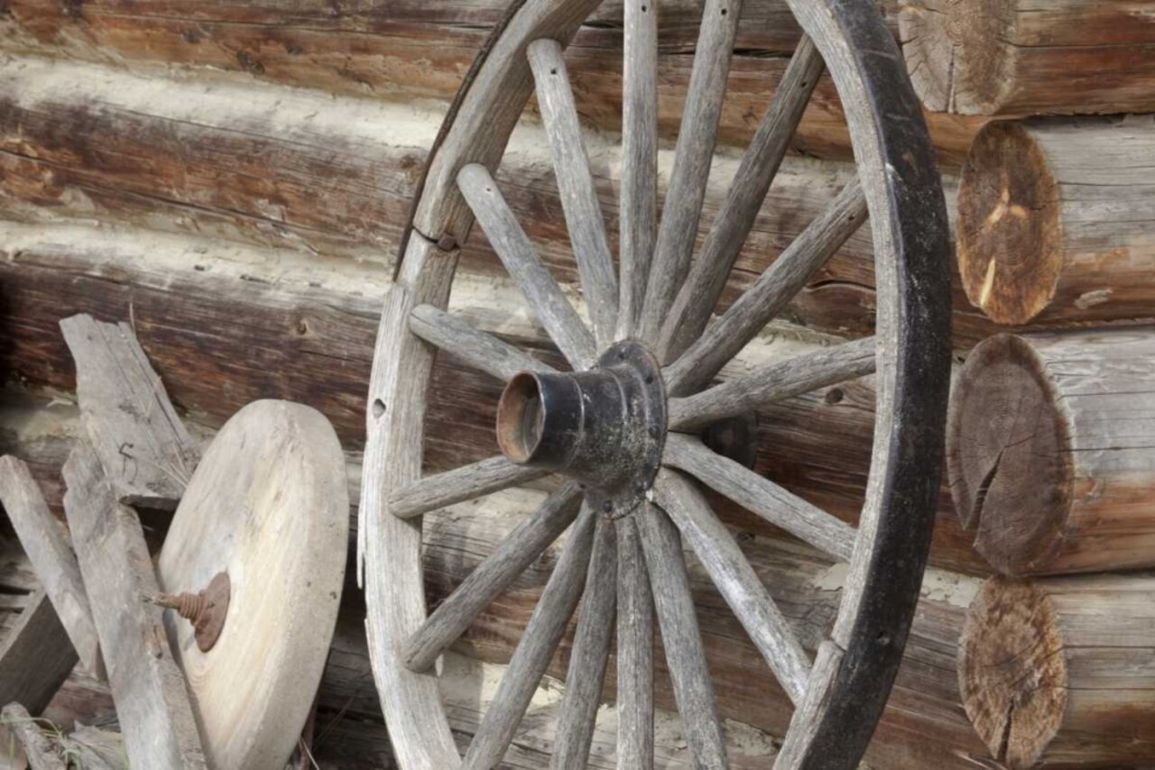 Canada, BC, Fort Steele Old wagon wheel by Don Paulson - Item # VARPDXCN02BJA0079